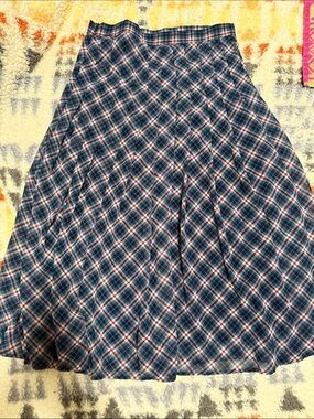 Michael Kors Blue Plaid Midi Skirt with Red Trim